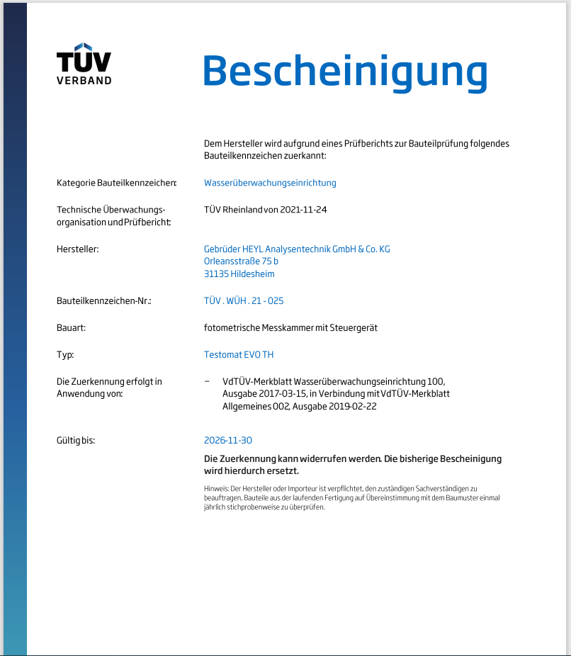 TÜV certification Testomat® EVO TH